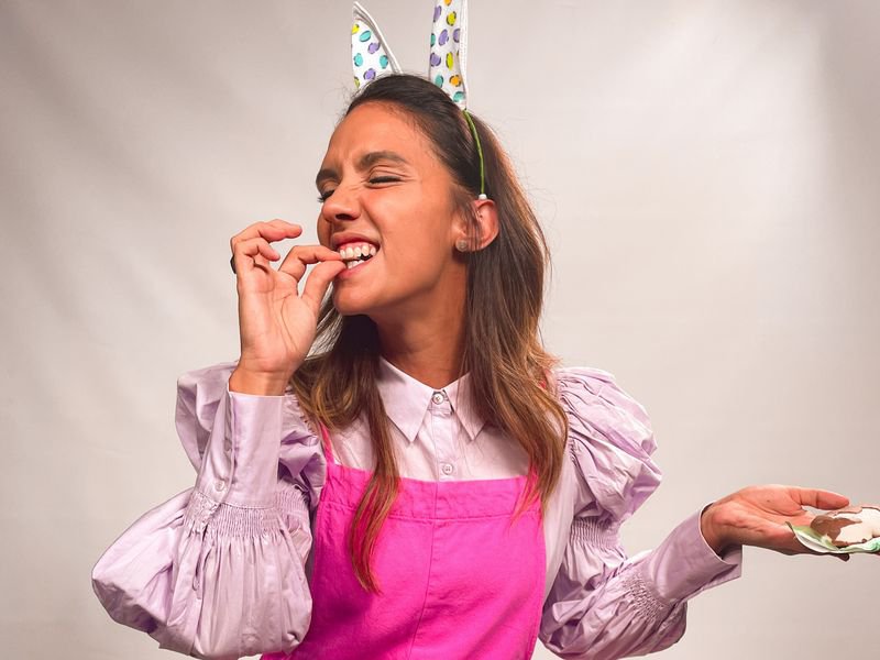 Stacey Norman eats marshmallow easter egg