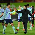 Arsenal Spanish manager Mikel Arteta celebrates with Arsenal French defender William Saliba at the end of the English Premier League football