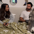 A couple sitting on their bed with their dog