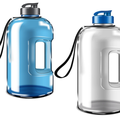 A large clear plastic water bottle with lid and carry handle