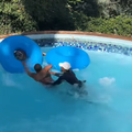 A lifeguard jumps into the water to save to swimmers