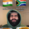 A man reviewing Indian made biryani versus South African made biryani