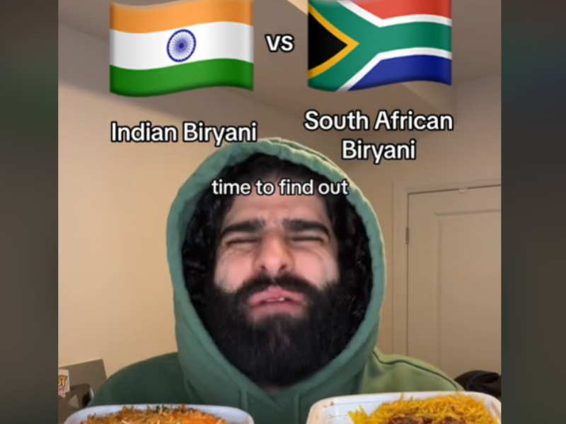 A man reviewing Indian made biryani versus South African made biryani