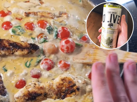 A pan of Tuscan Chicken and a bottle of Olive Oil Shower Gel