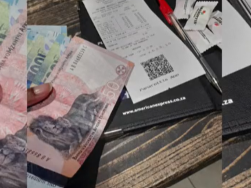 A restaurant bill with South African currency