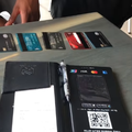 A selection of bank cards laid out on a restaurant table
