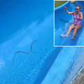 A woman sliding down a water slide sees a snake