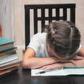 A young girl sleeping on her books while doing homework
