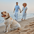 Couple walking their dog on a beach