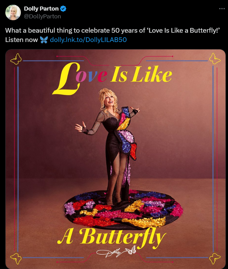 Dolly Parton celebrates 50 years of Love is like a Butterfly
