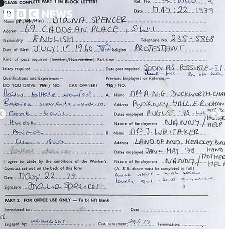 A photo of Princess Diana's first work contract