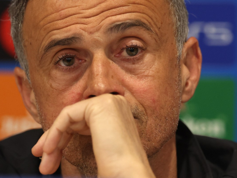 Paris Saint Germain Spanish headcoach Luis Enrique attends a press conference at Anfield stadium in Liverpool