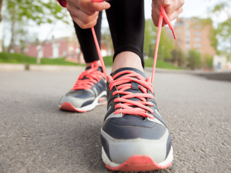 Red and grey running shoes