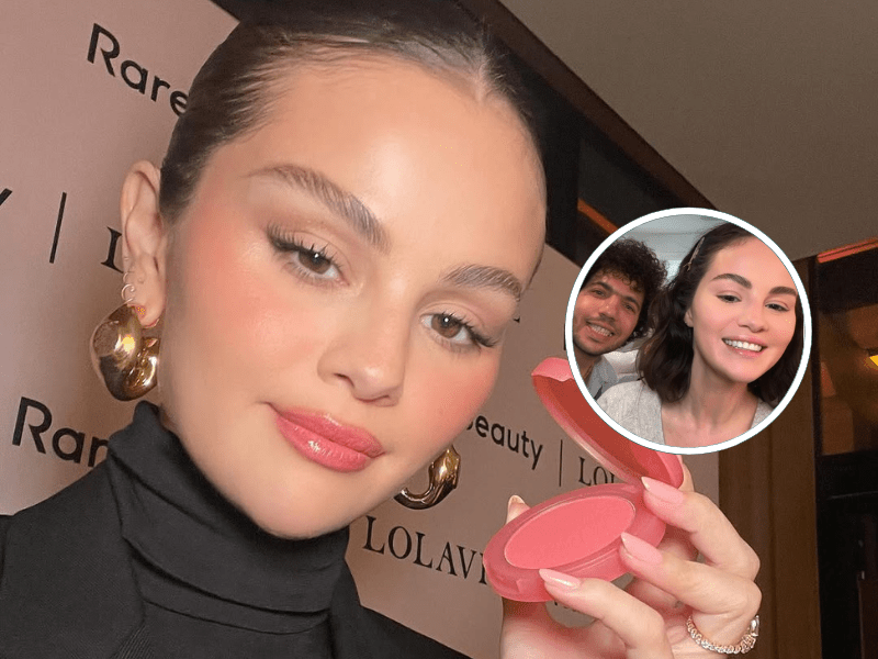 Selena Gomez holds up a pink blush compact