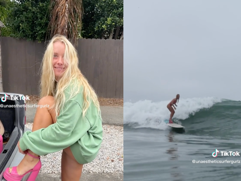 Surfer rides waves in heels and a cocktail dress after losing a bet