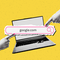 Trendy halftone collage laptop banner with search bar