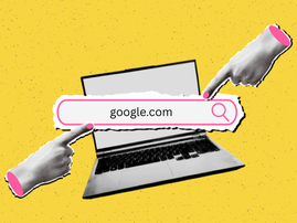 Trendy halftone collage laptop banner with search bar