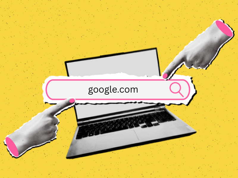 Trendy halftone collage laptop banner with search bar