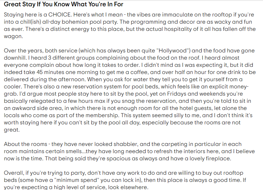 An online review for a hotel in Hollywood, California