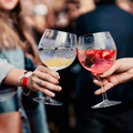 Two women toasting drinks during a music festival