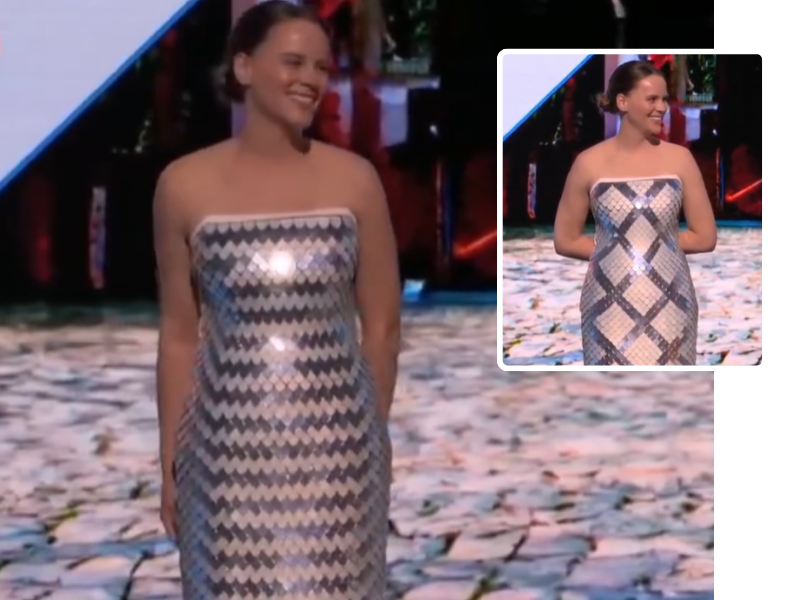Woman wearing a dress that changes design